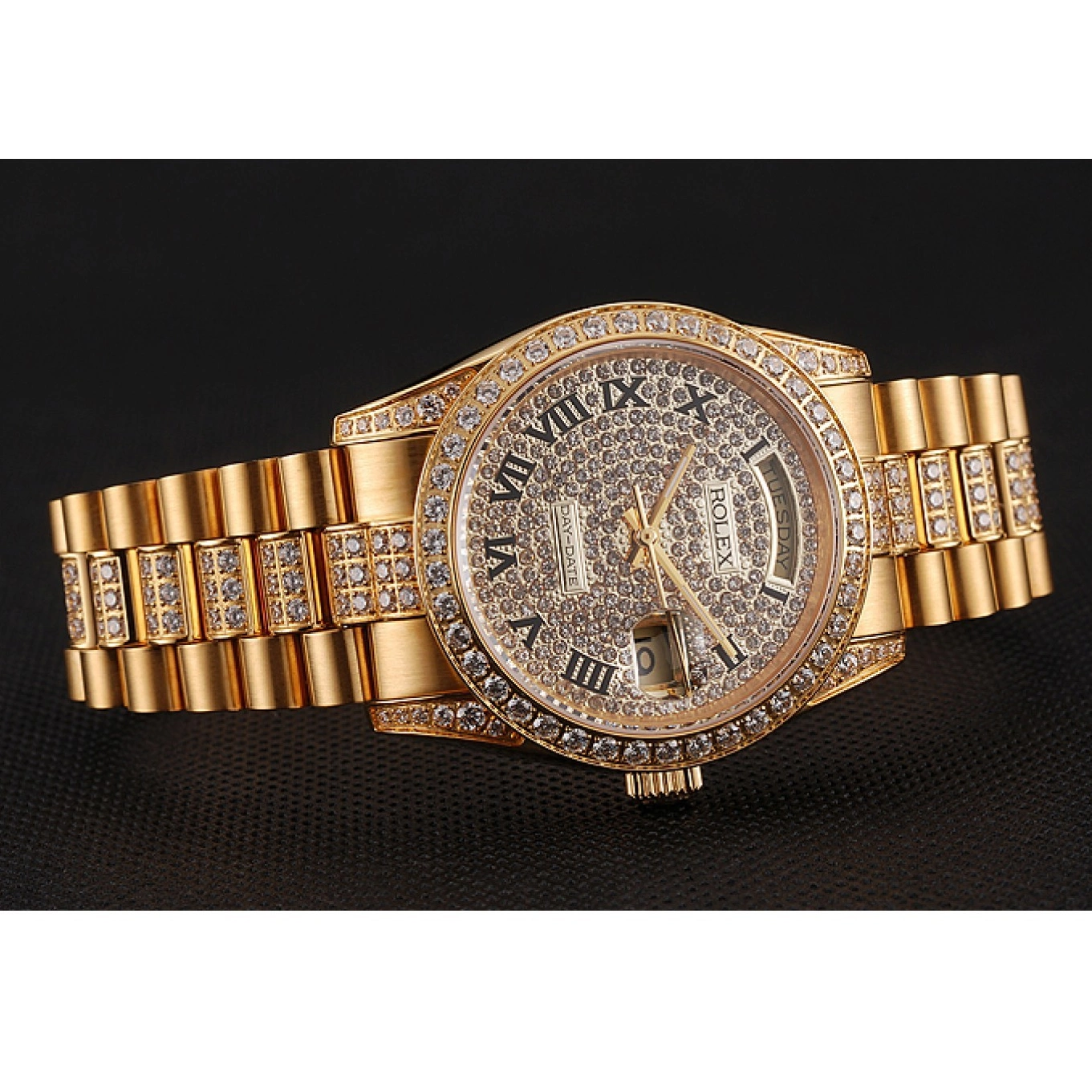Good copy rolex watches Dial Bracelet Gold Diamond Rolex 1453956 Pave Swiss Diamond Day-Date 0814
